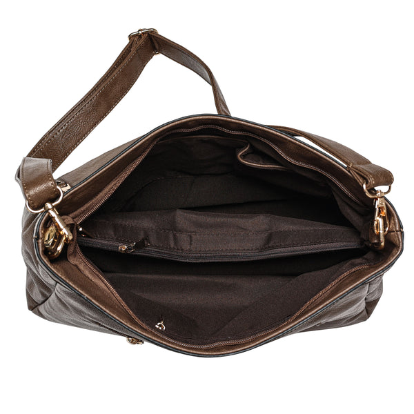 Bulchee Vegan Leather Women’s Shoulder Bag | Brown & Light Beige | Everyday Bag with Multiple Compartments