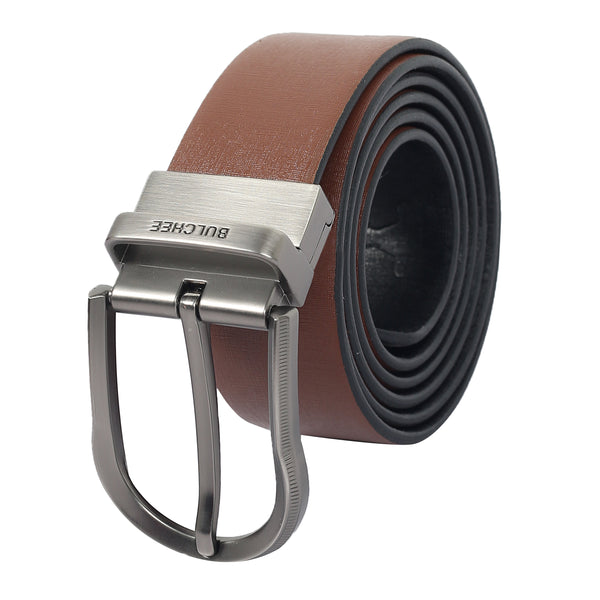 Bulchee Men's Reversible Leather Belt – Tan/Black, Brushed Satin Black Prong Buckle, 35mm Width, Size XXL (52-55") - BUL2407B