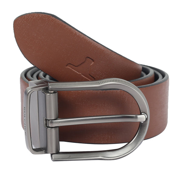 Bulchee Men's Reversible Leather Belt – Tan/Black, Brushed Satin Black Prong Buckle, 35mm Width, Size XXL (52-55") - BUL2407B