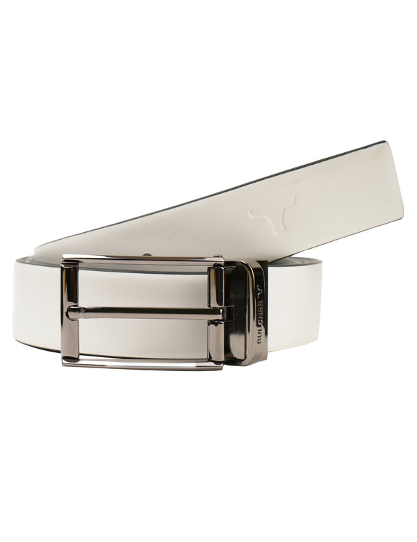 Bulchee Men’s Reversible Leather Belt – White & Black, Stylish Prong Buckle