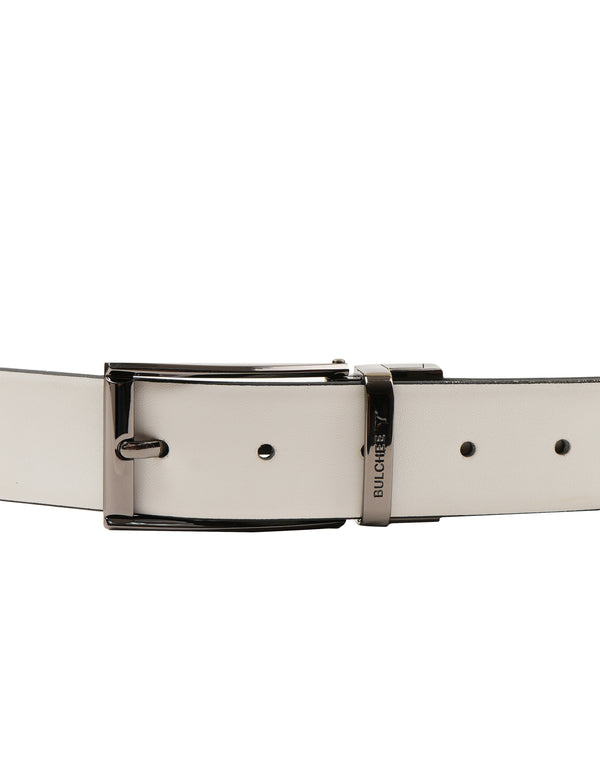 Bulchee Men’s Reversible Leather Belt – White & Black, Stylish Prong Buckle