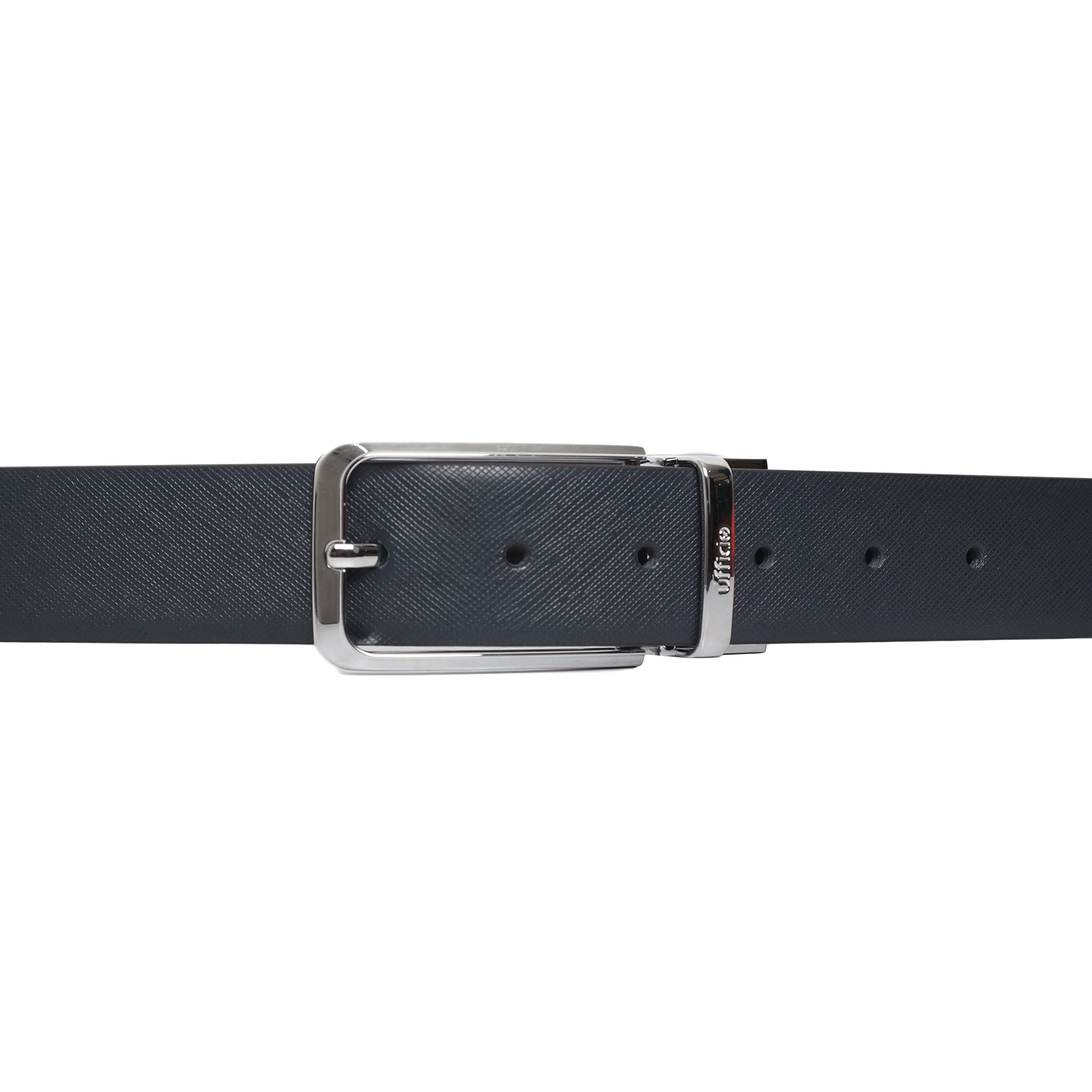 Ufficio Men’s Reversible Saffiano Leather Belt – Formal Blue & Black with Prong Buckle
