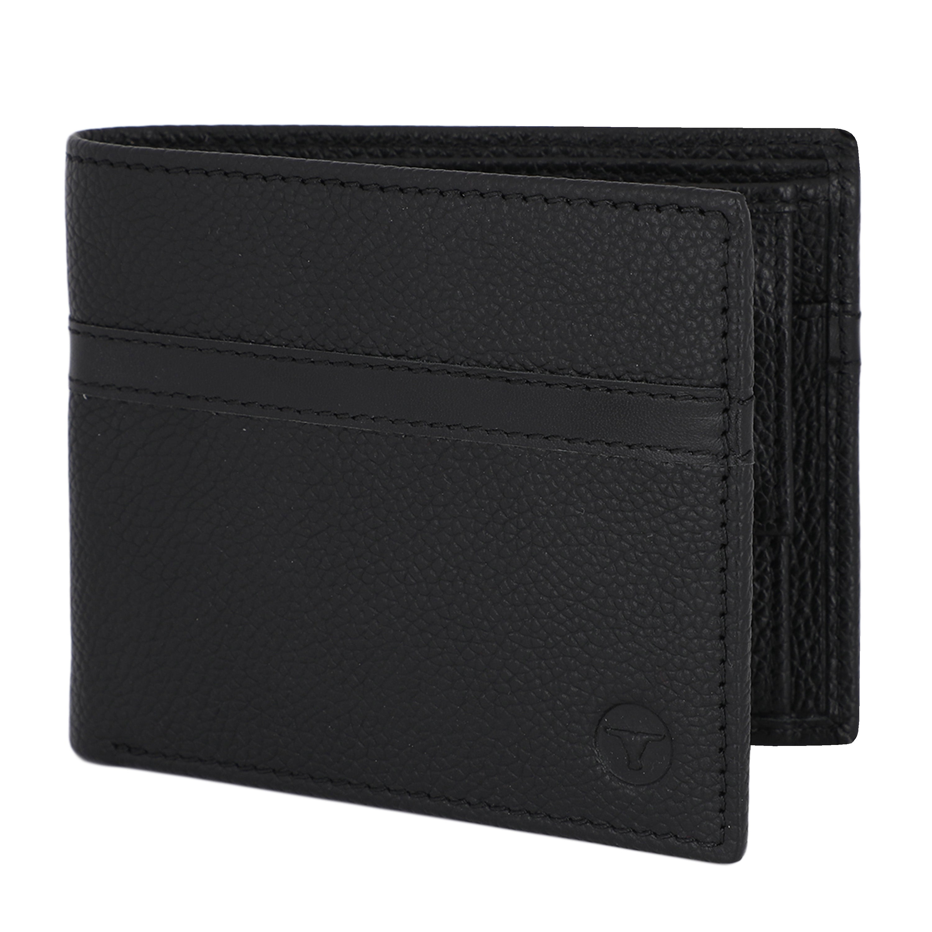 UFFICIO Men’s Black Textured  Slim Bi-fold Wallet with Horizontal Stripe & Card Slots