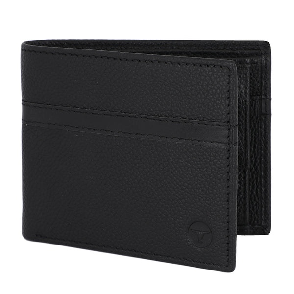 UFFICIO Men’s Black Textured  Slim Bi-fold Wallet with Horizontal Stripe & Card Slots