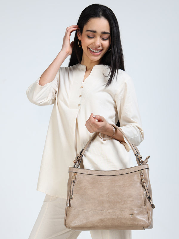 Bulchee Vegan Leather Women’s Shoulder Bag | Brown & Light Beige | Everyday Bag with Multiple Compartments