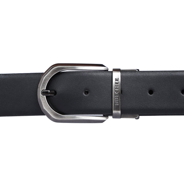 Bulchee Men's Leather Reversible Belt Black/ Grey – Bicolor Shiny Black with Nickel Buckle, Genuine Leather, 35mm Width – Sizes L (44–46") – BUL2405B
