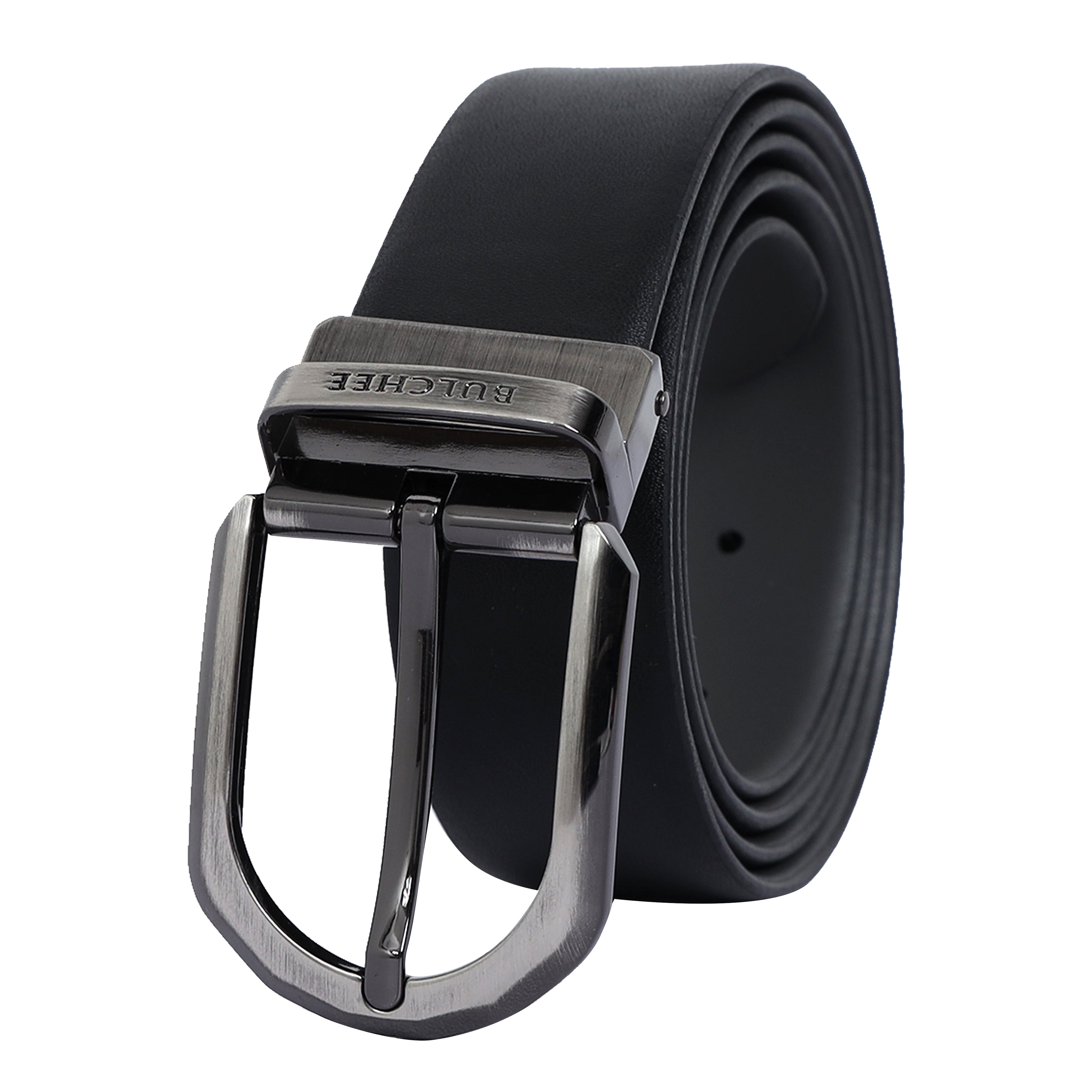 Bulchee Men's Leather Reversible Belt Black/ Grey – Bicolor Shiny Black with Nickel Buckle, Genuine Leather, 35mm Width – Sizes L (44–46