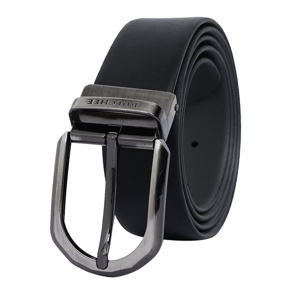 Bulchee Men's Leather Reversible Belt Black/ Grey – Bicolor Shiny Black with Nickel Buckle, Genuine Leather, 35mm Width – Sizes L (44–46") – BUL2405B