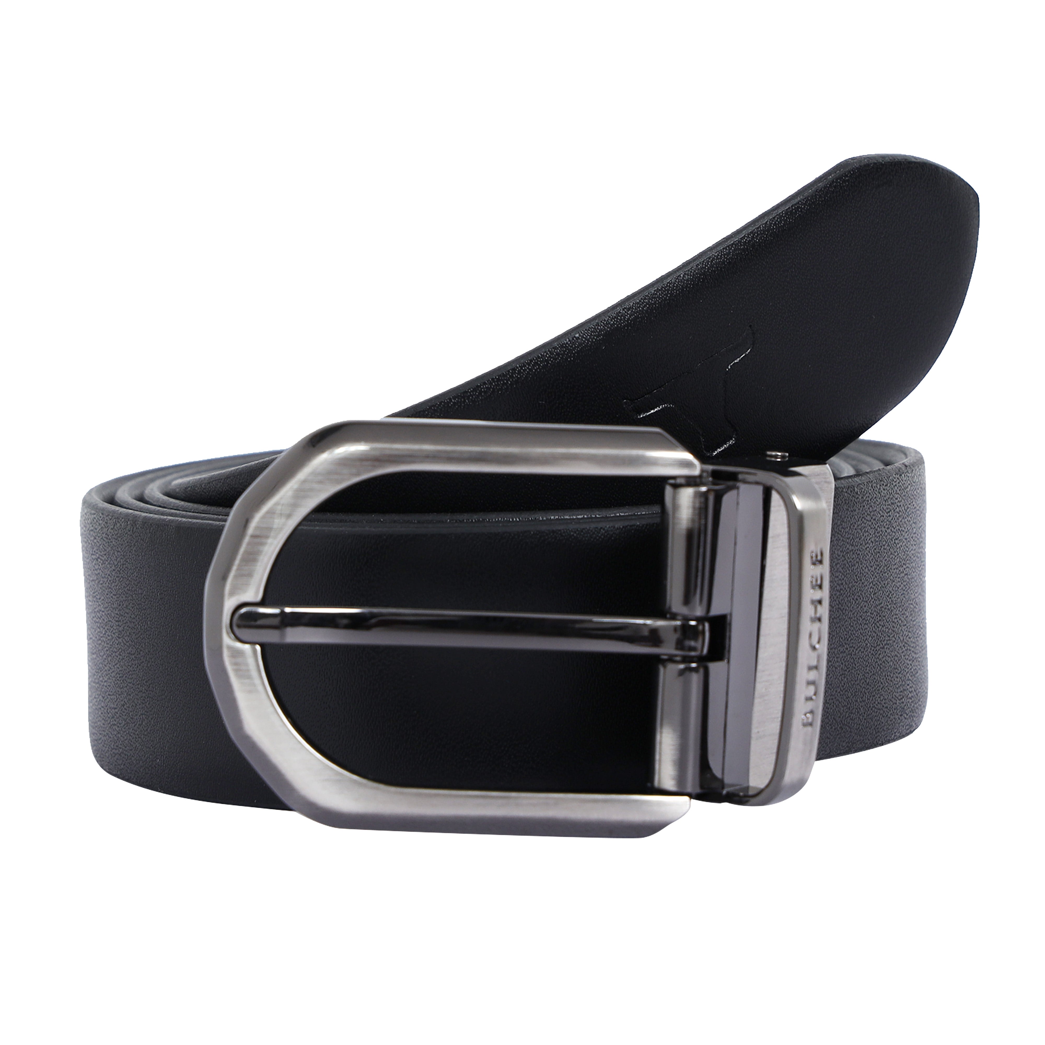 Bulchee Men's Leather Reversible Belt Black/ Grey – Bicolor Shiny Black with Nickel Buckle, Genuine Leather, 35mm Width – Sizes L (44–46