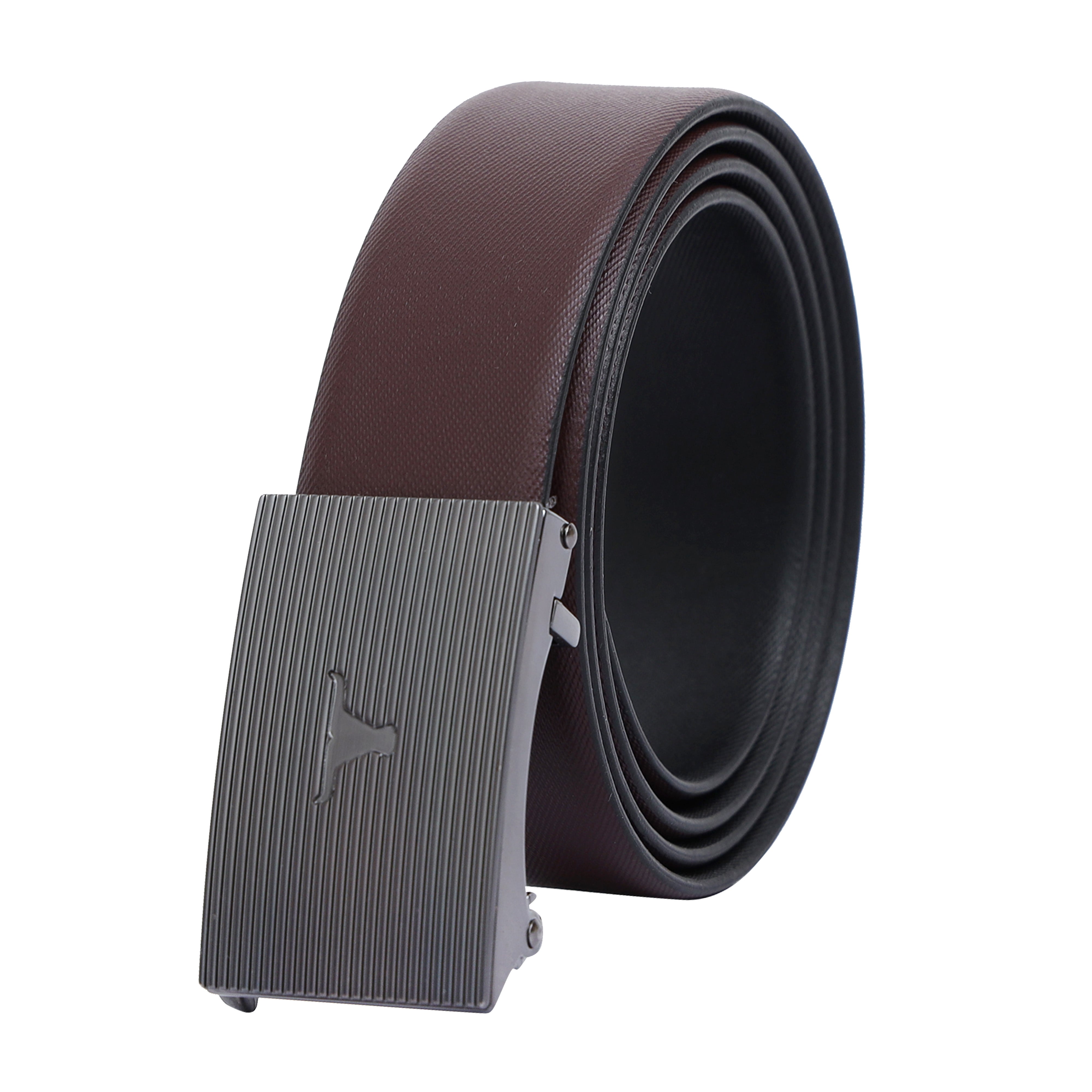 Bulchee Men's Leather Reversible Belt – Burgundy/Black, Autolock Buckle in Black Gunmetal, Genuine Leather, 35mm Width – Size L (44–46
