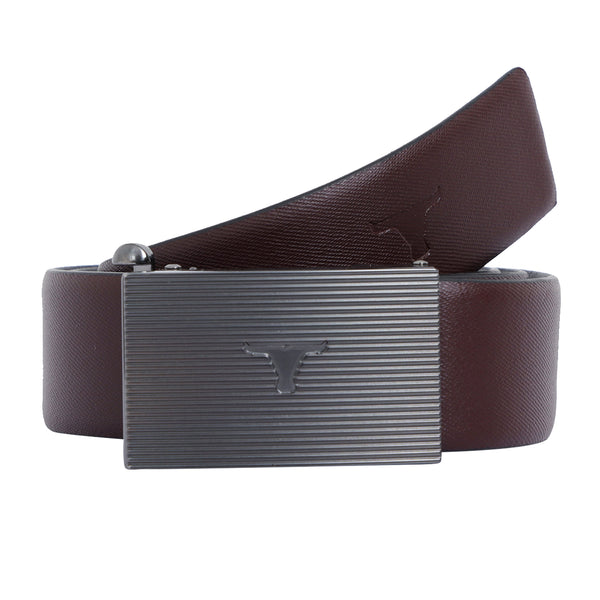 Bulchee Men's Leather Reversible Belt – Burgundy/Black, Autolock Buckle in Black Gunmetal, Genuine Leather, 35mm Width – Size L (44–46") – BUL2410B