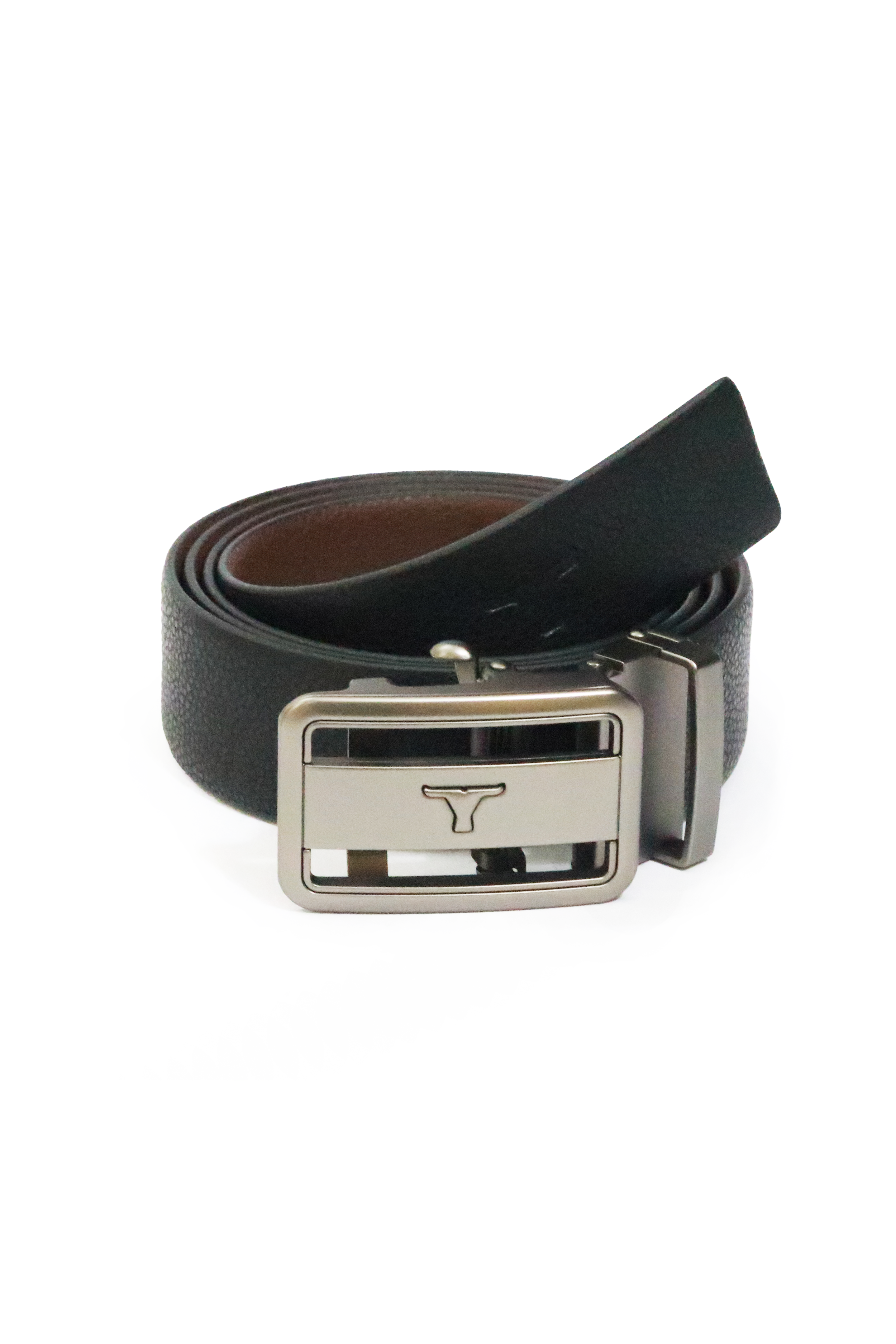 Bulchee Men's Black & Brown Reversible Autolock Brush Black Buckle Belt