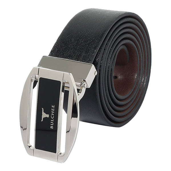 Bulchee Men's Reversible Flat Premium Leather Belt – Brown/Black, Shiny Nickel & Black Buckle, 35mm Width, Size Large (42-46")
