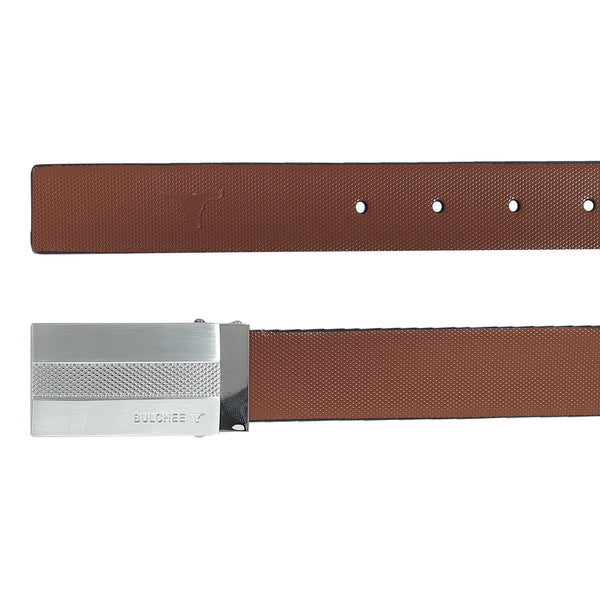 Bulchee Men's Reversible Flat Premium Leather Belt – Tan/Black, Brushed Chrome Buckle, 35mm Width, Size Large (42-46")