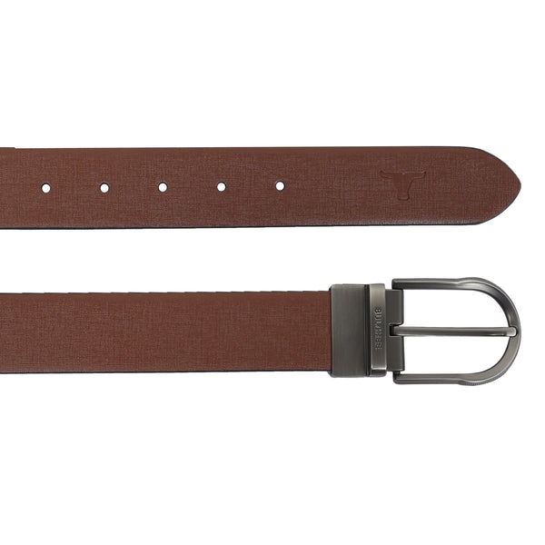 Bulchee Men's Reversible Leather Belt – Tan/Black, Brushed Satin Black Prong Buckle, 35mm Width, Size XXL (52-55")