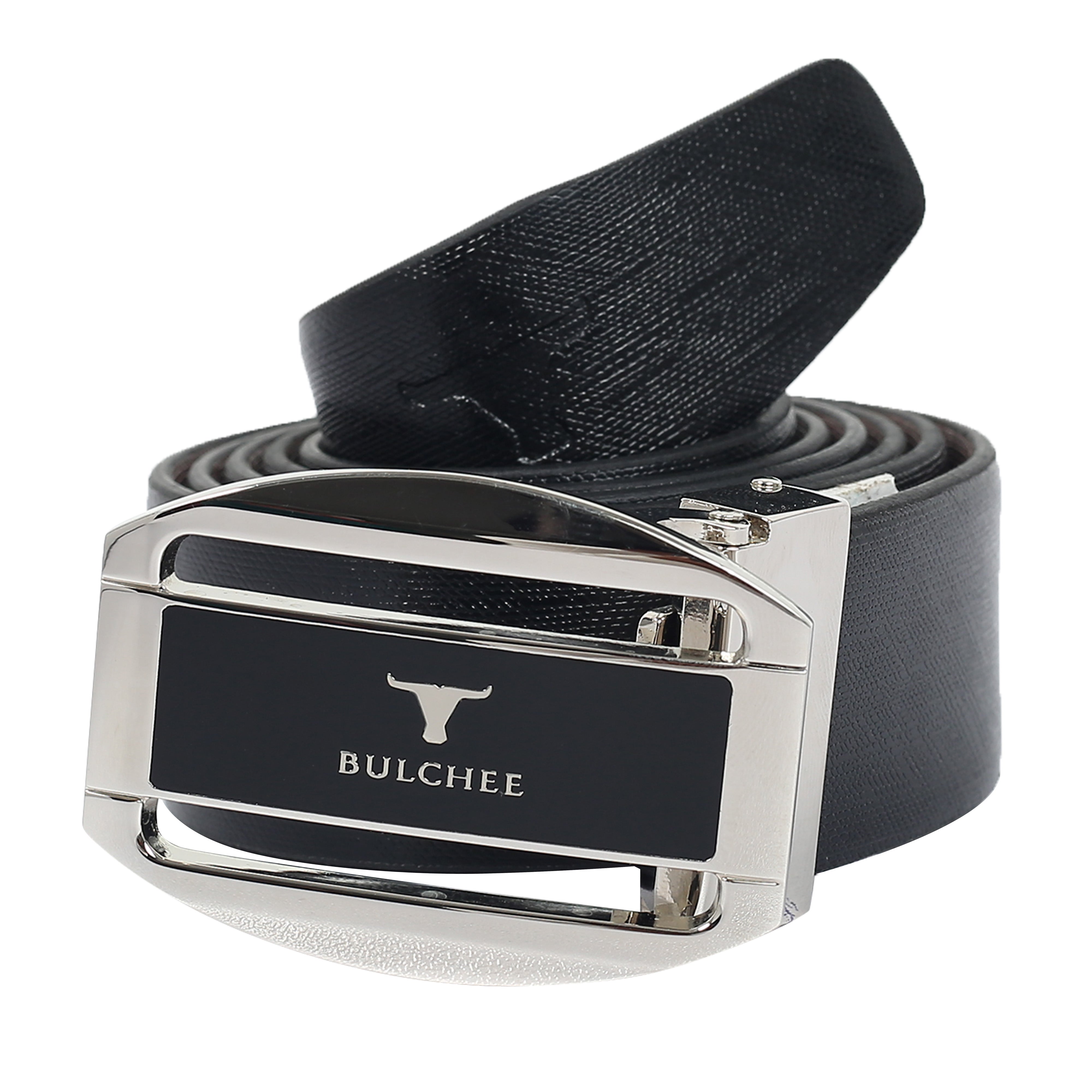 Bulchee Men's Reversible Flat Premium Leather Belt – Brown/Black, Shiny Nickel & Black Buckle, 35mm Width, Size Large (42-46