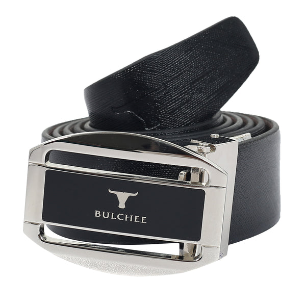 Bulchee Men's Reversible Flat Premium Leather Belt – Brown/Black, Shiny Nickel & Black Buckle, 35mm Width, Size Large (42-46")