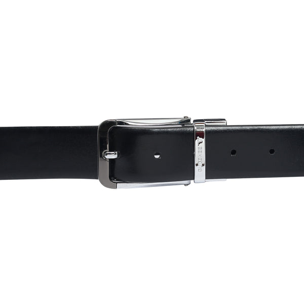 Bulchee Men's Reversible Italian Leather Belt – Grey/Black, Shiny Chrome & Shiny Black Prong Buckle, 35mm, Size Large (40-42 Inches)