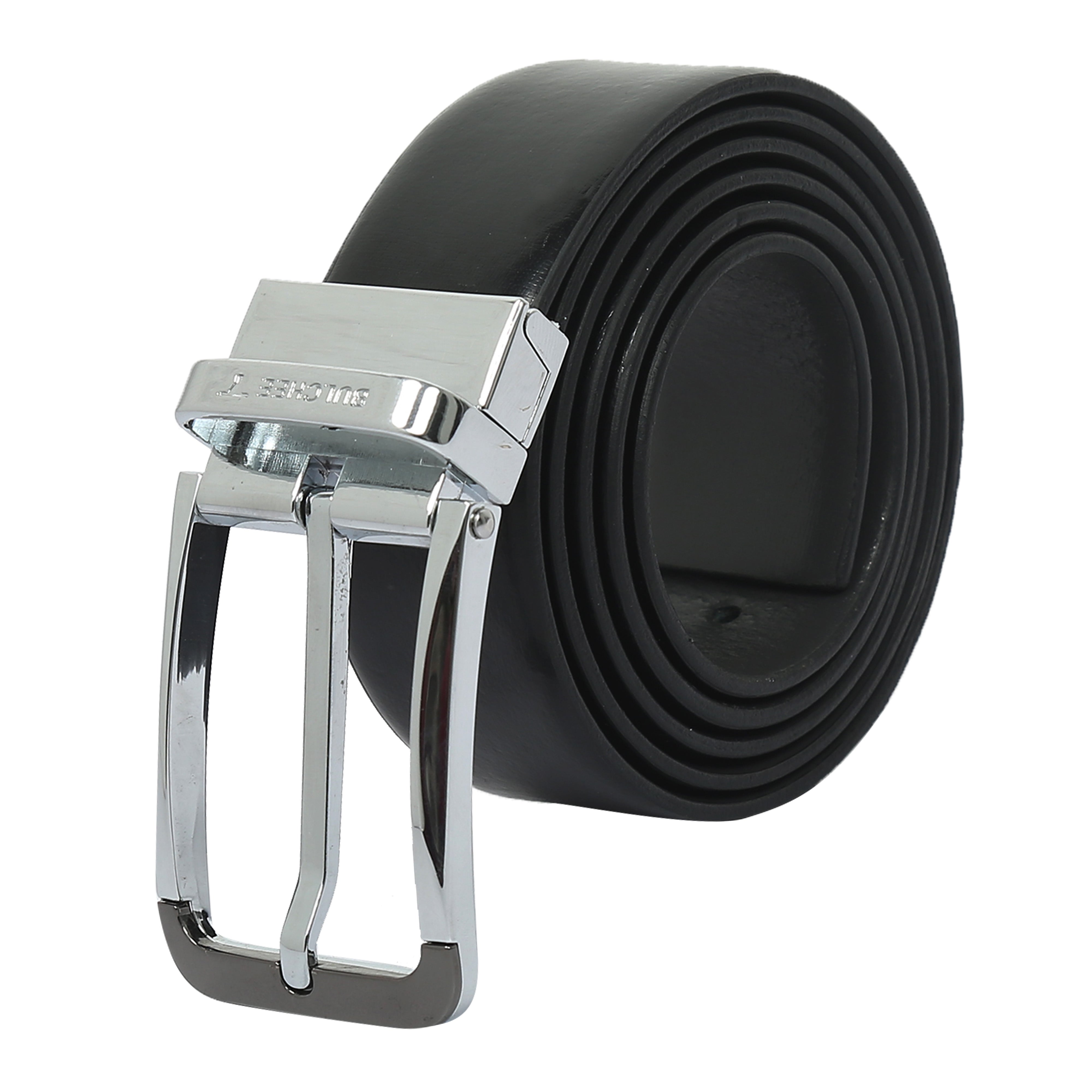 Bulchee Men's Reversible Italian Leather Belt – Grey/Black, Shiny Chrome & Shiny Black Prong Buckle, 35mm, Size Large (40-42 Inches)