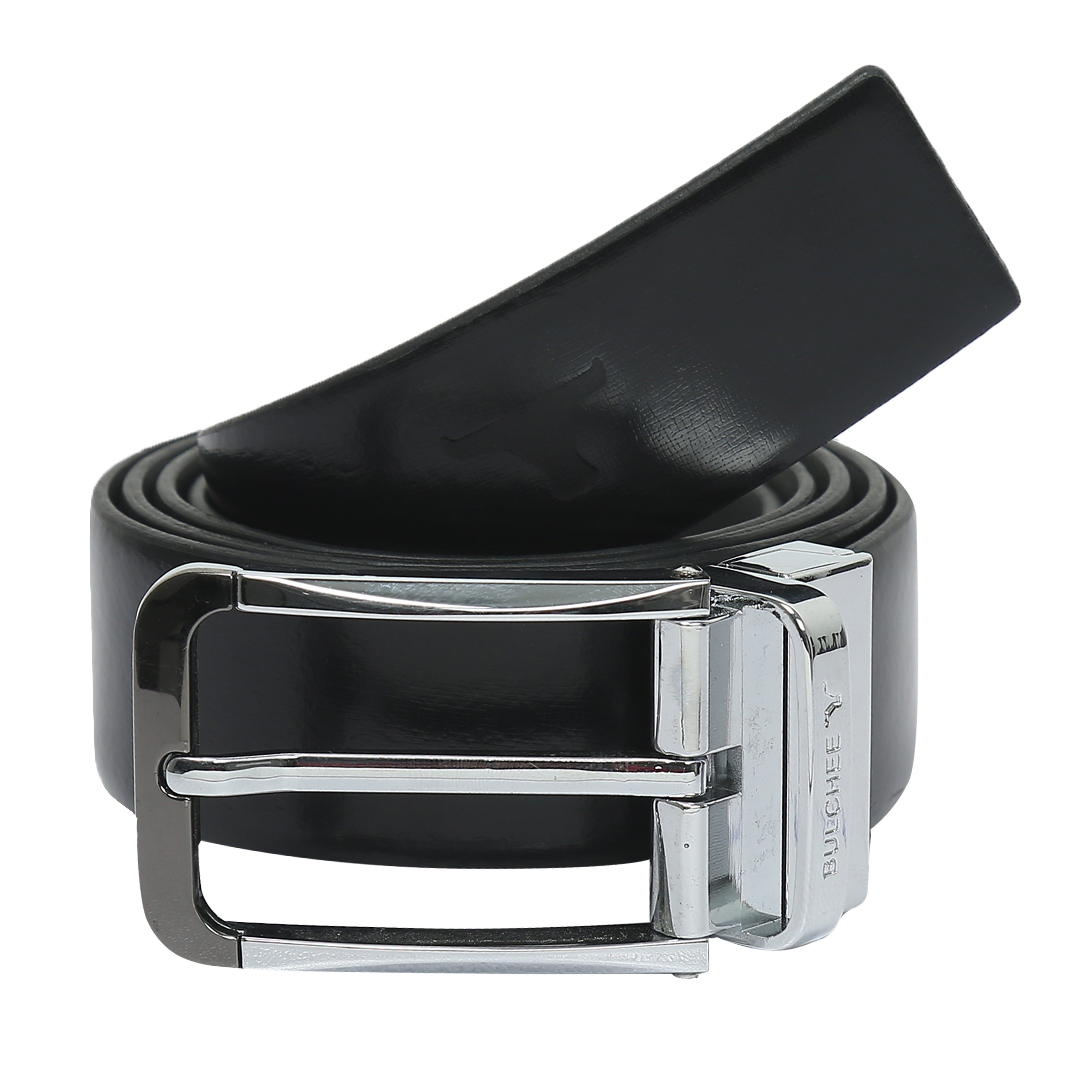 Bulchee Men's Reversible Italian Leather Belt – Grey/Black, Shiny Chrome & Shiny Black Prong Buckle, 35mm, Size Large (40-42 Inches)
