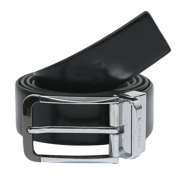 Bulchee Men's Reversible Italian Leather Belt – Grey/Black, Shiny Chrome & Shiny Black Prong Buckle, 35mm, Size Large (40-42 Inches)