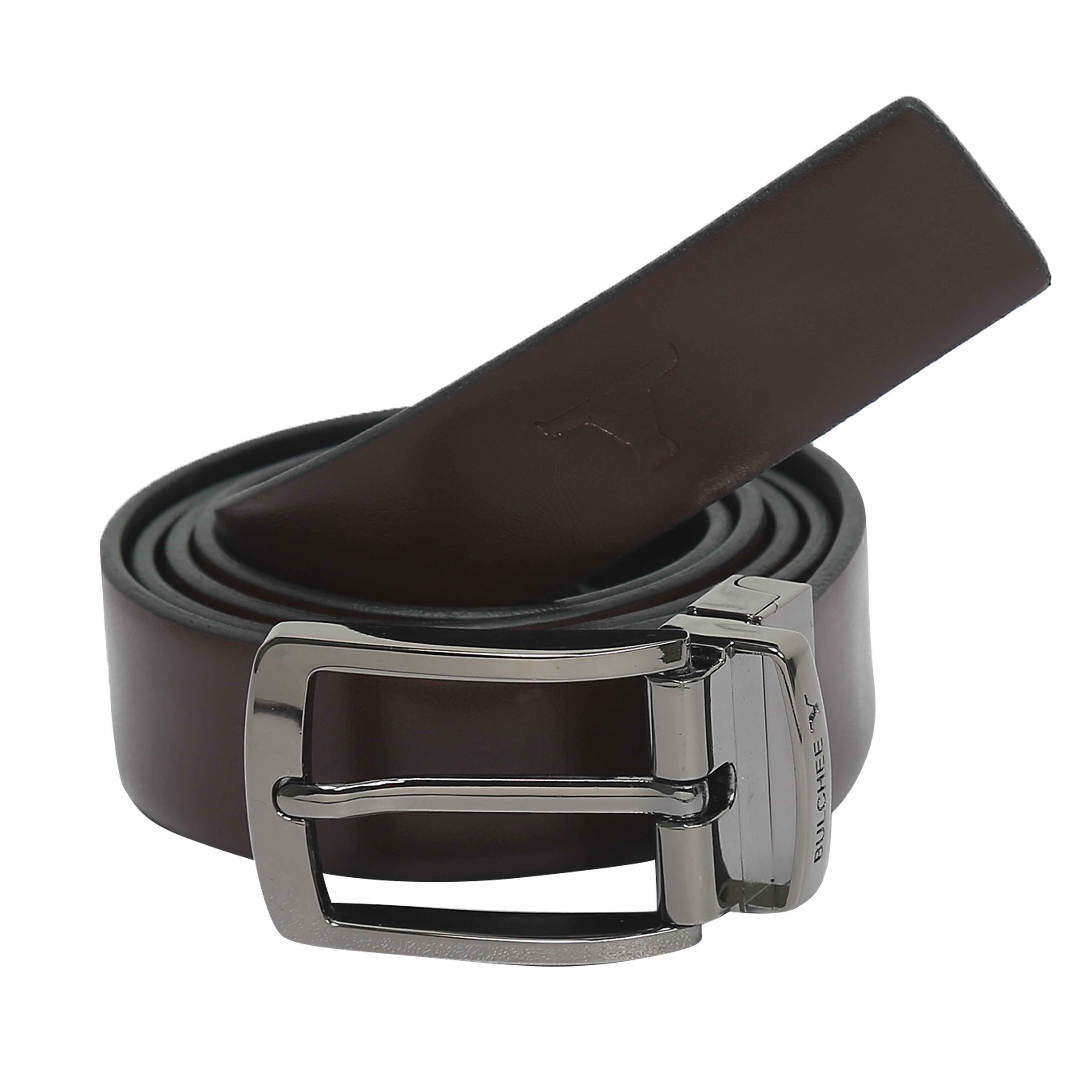 Bulchee Men's Reversible Leather Belt – Brown/Black, Chrome Prong Buckle, 30mm Width, Size Large (40-42 Inches)