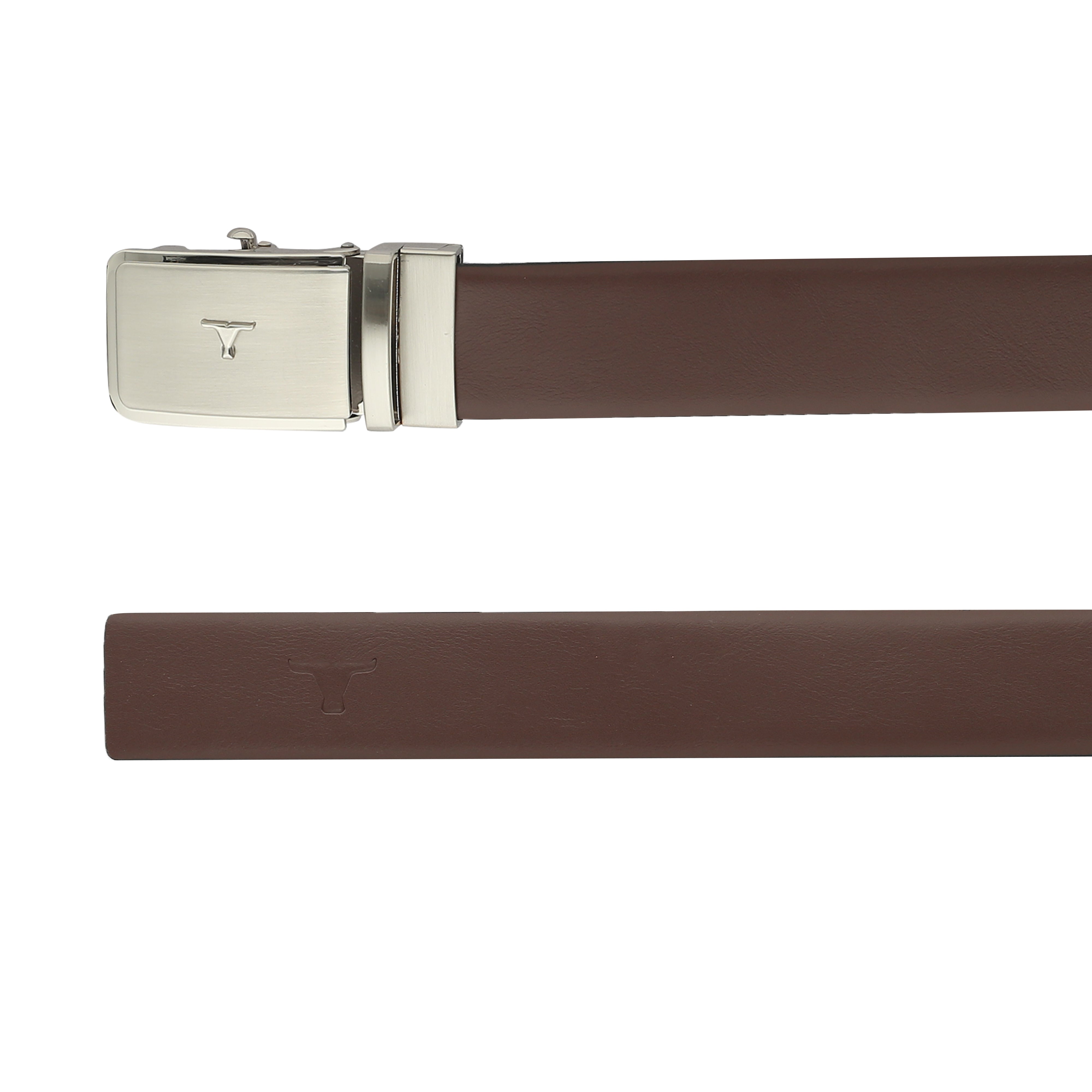 Bulchee Men's Reversible Autolock Premium Leather Belt – Tan/Black, Brushed Black 3D Bullhead Buckle, 35mm Width, Sizes Large (42-46