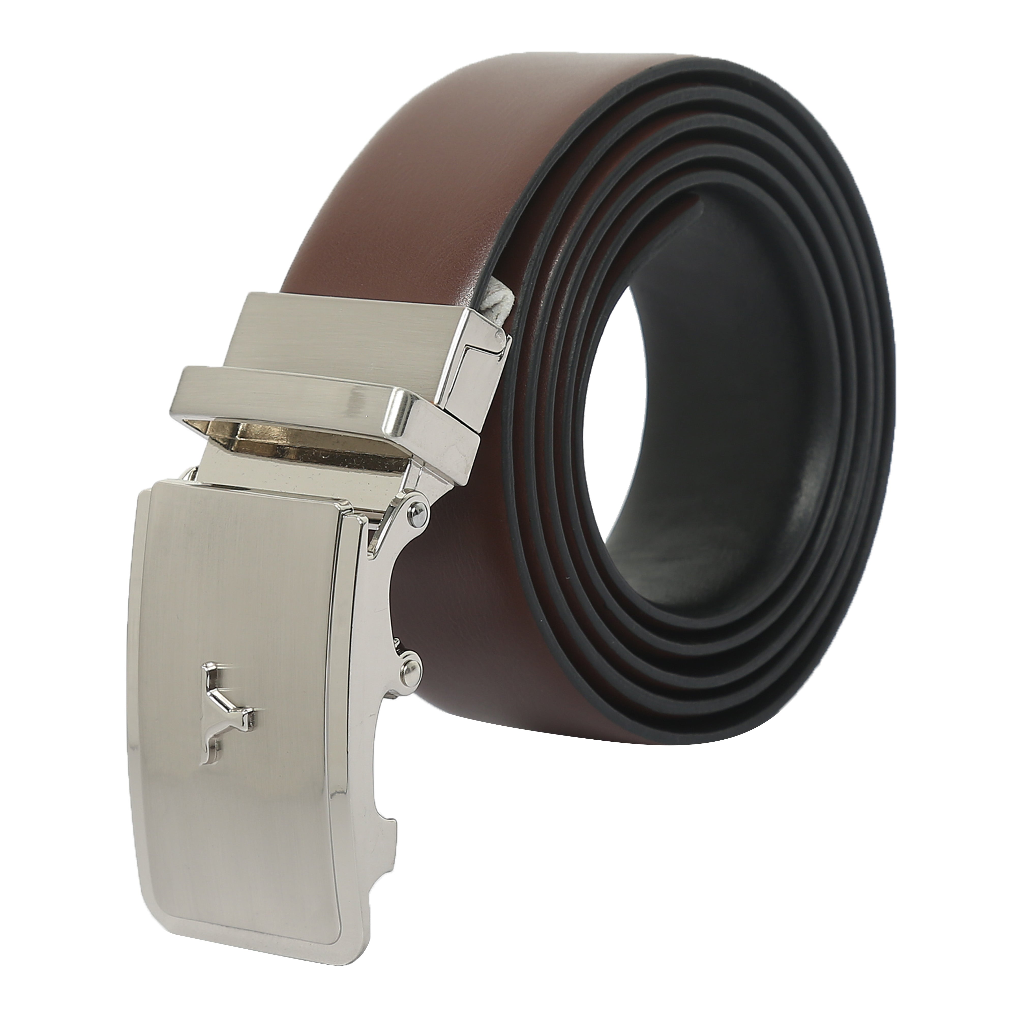 Bulchee Men's Reversible Autolock Premium Leather Belt – Tan/Black, Brushed Black 3D Bullhead Buckle, 35mm Width, Sizes Large (42-46
