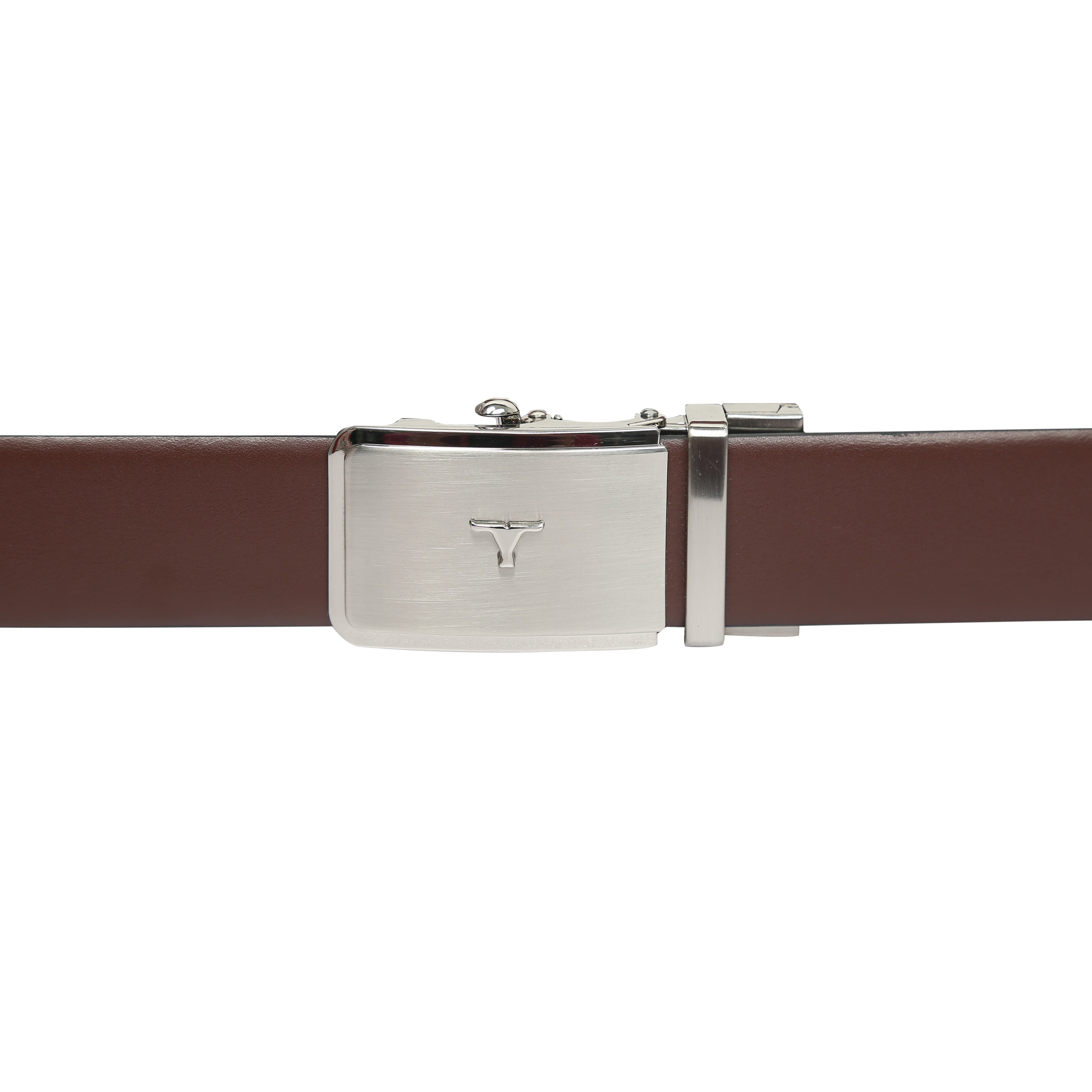 Bulchee Men's Reversible Autolock Premium Leather Belt – Tan/Black, Brushed Black 3D Bullhead Buckle, 35mm Width, Sizes Large (42-46