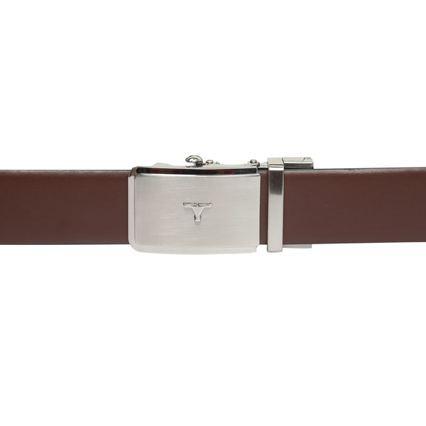 Bulchee Men's Reversible Autolock Premium Leather Belt – Tan/Black, Brushed Black 3D Bullhead Buckle, 35mm Width, Sizes Large (42-46"), XL (48-52"), XXL (52-55")