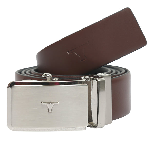 Bulchee Men's Reversible Autolock Premium Leather Belt – Tan/Black, Brushed Black 3D Bullhead Buckle, 35mm Width, Sizes Large (42-46"), XL (48-52"), XXL (52-55")