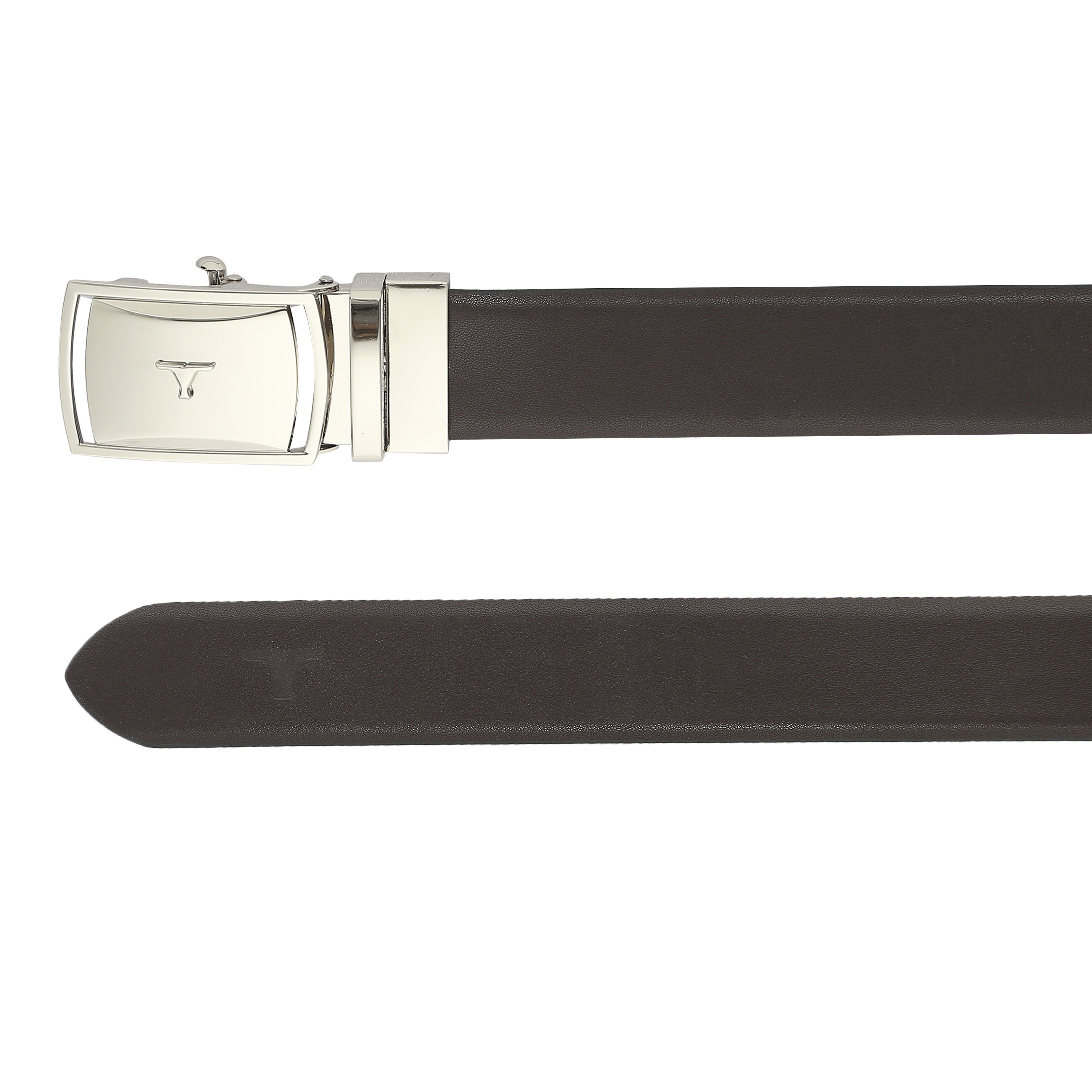 Bulchee Men's Reversible Autolock Premium Leather Belt – Brown/Black, Shiny Nickel 3D Bullhead Buckle, 35mm Width, Sizes Large (42-46