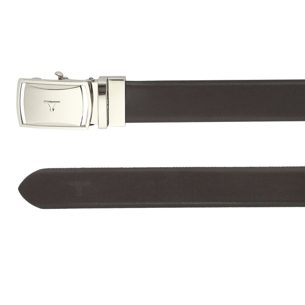 Bulchee Men's Reversible Autolock Premium Leather Belt – Brown/Black, Shiny Nickel 3D Bullhead Buckle, 35mm Width, Sizes Large (42-46"), XL (48-52"), XXL (52-55")