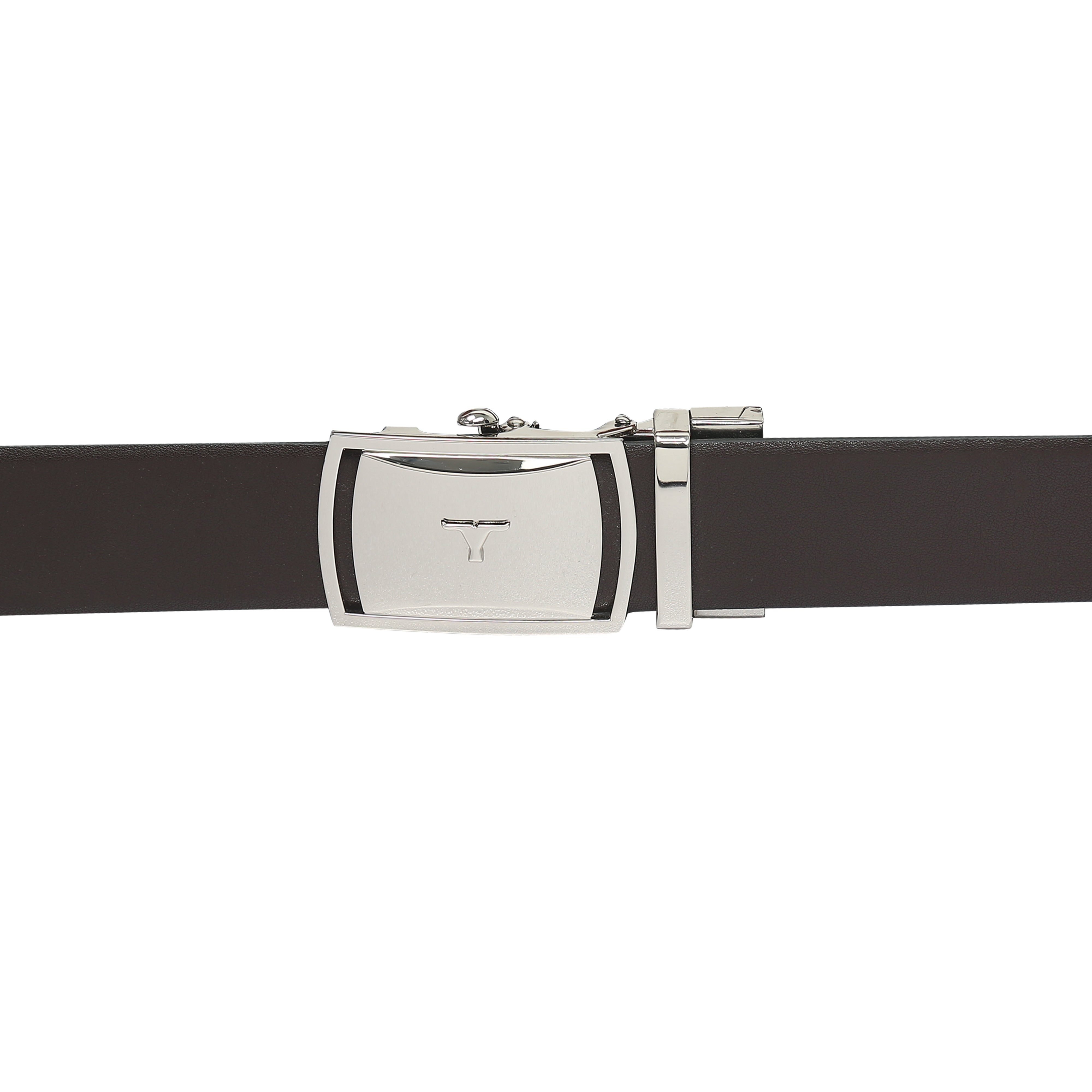 Bulchee Men's Reversible Autolock Premium Leather Belt – Brown/Black, Shiny Nickel 3D Bullhead Buckle, 35mm Width, Sizes Large (42-46
