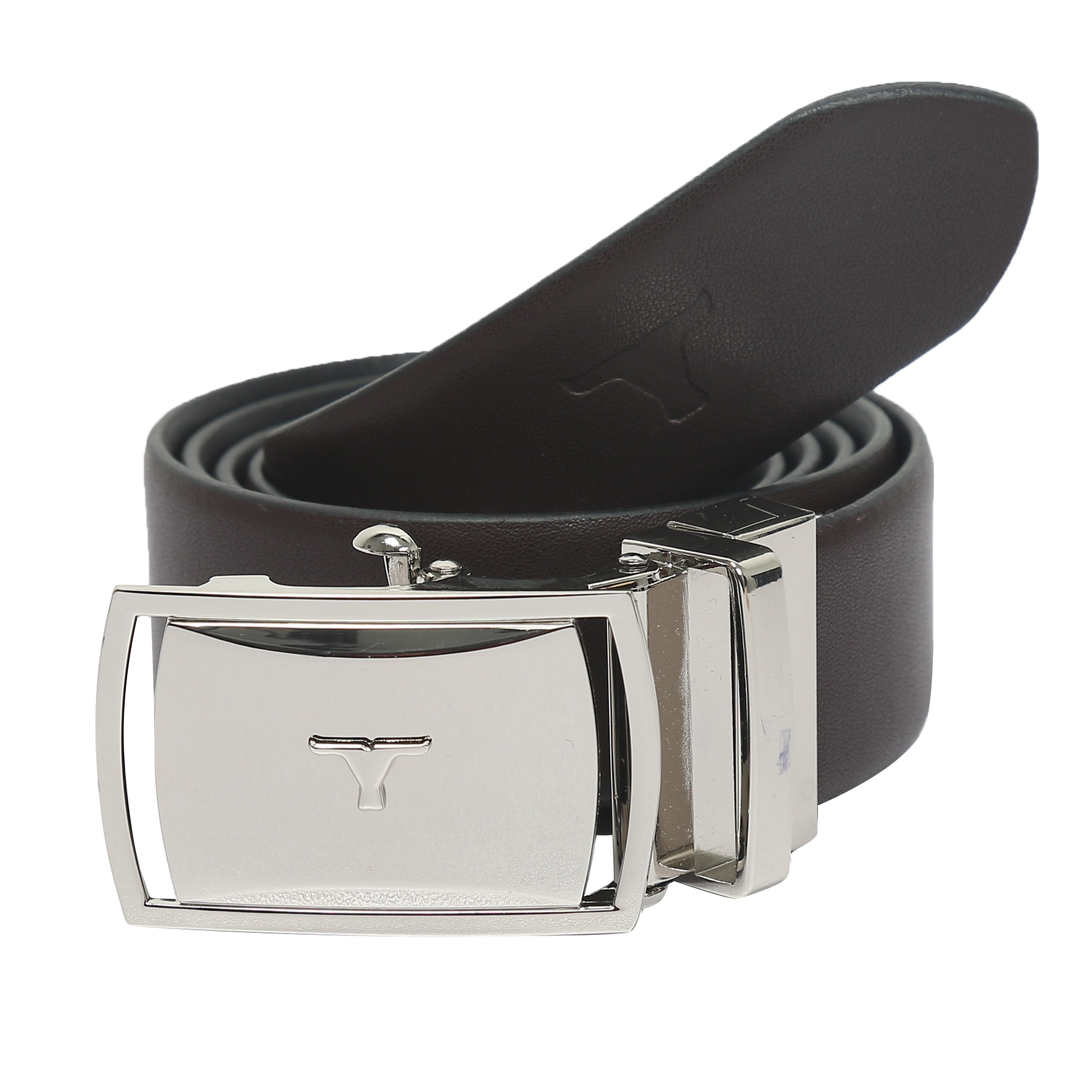 Bulchee Men's Reversible Autolock Premium Leather Belt – Brown/Black, Shiny Nickel 3D Bullhead Buckle, 35mm Width, Sizes Large (42-46