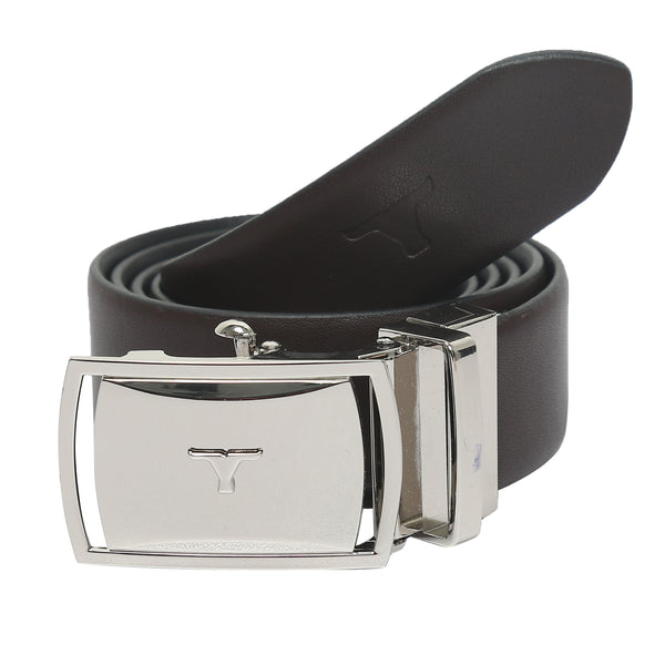 Bulchee Men's Reversible Autolock Premium Leather Belt – Brown/Black, Shiny Nickel 3D Bullhead Buckle, 35mm Width, Sizes Large (42-46"), XL (48-52"), XXL (52-55")