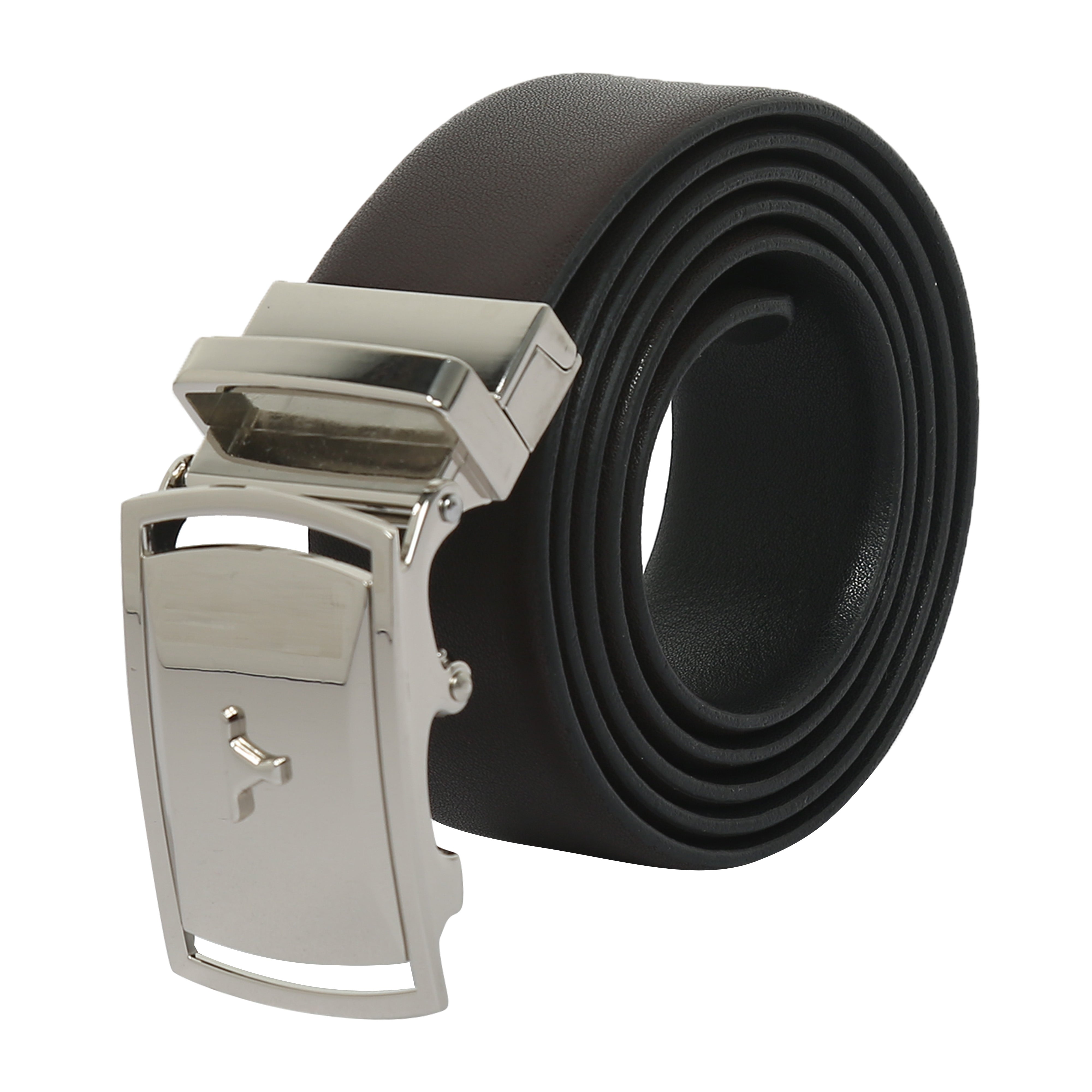 Bulchee Men's Reversible Autolock Premium Leather Belt – Brown/Black, Shiny Nickel 3D Bullhead Buckle, 35mm Width, Sizes Large (42-46