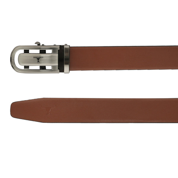 Bulchee Men's Reversible Autolock Premium Leather Belt – Tan/Black, Brushed Black 3D Bullhead Buckle, 35mm Width, Size XXL (52-55")