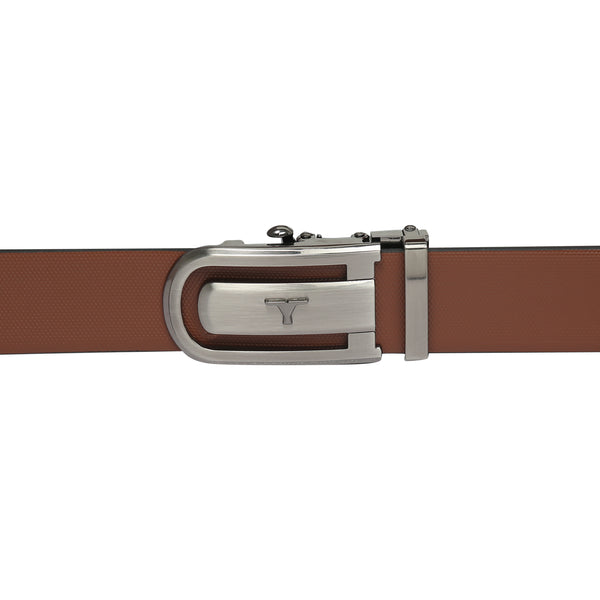 Bulchee Men's Reversible Autolock Premium Leather Belt – Tan/Black, Brushed Black 3D Bullhead Buckle, 35mm Width, Size XXL (52-55")