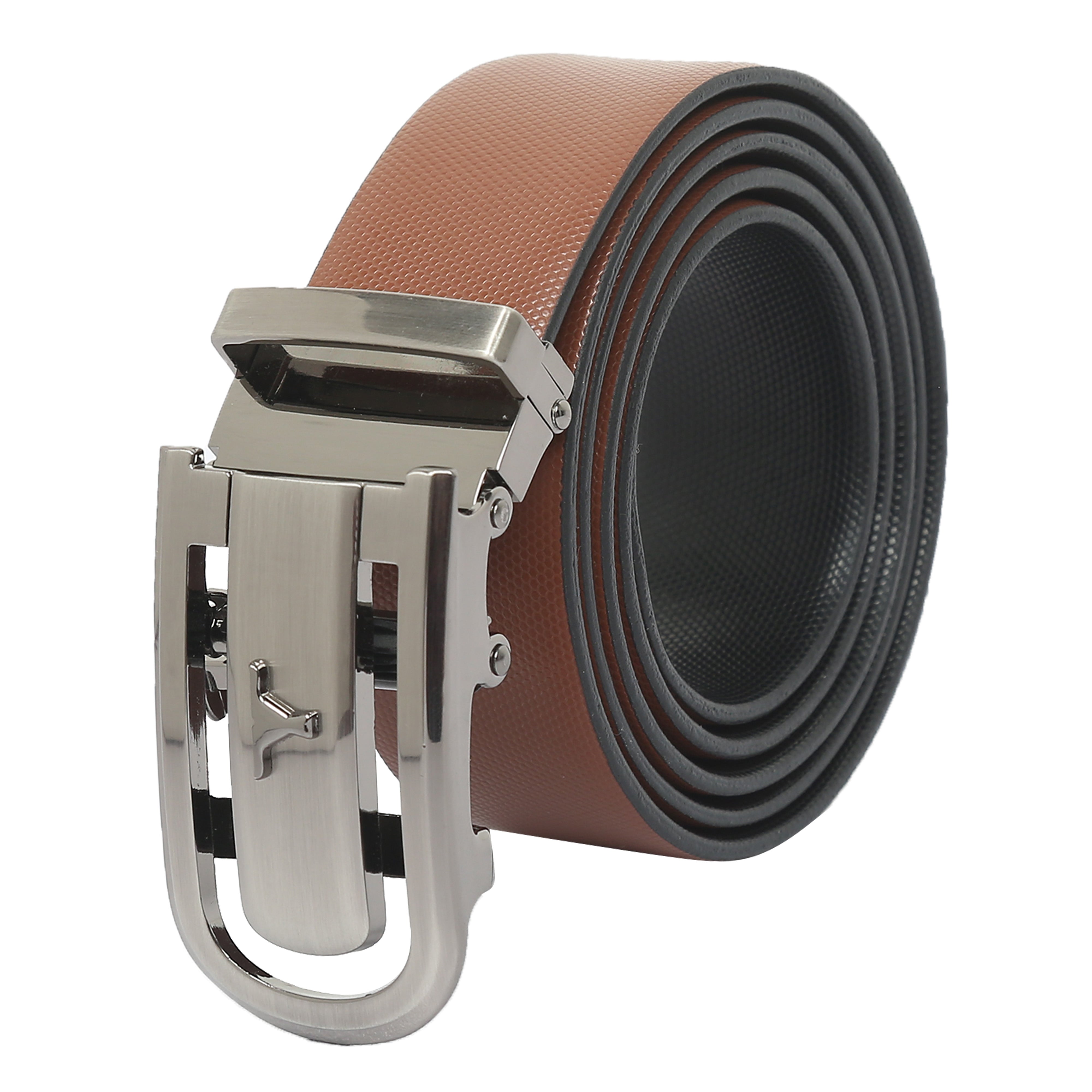 Bulchee Men's Reversible Autolock Premium Leather Belt – Tan/Black, Brushed Black 3D Bullhead Buckle, 35mm Width, Size XXL (52-55