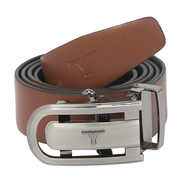 Bulchee Men's Reversible Autolock Premium Leather Belt – Tan/Black, Brushed Black 3D Bullhead Buckle, 35mm Width, Size XXL (52-55")
