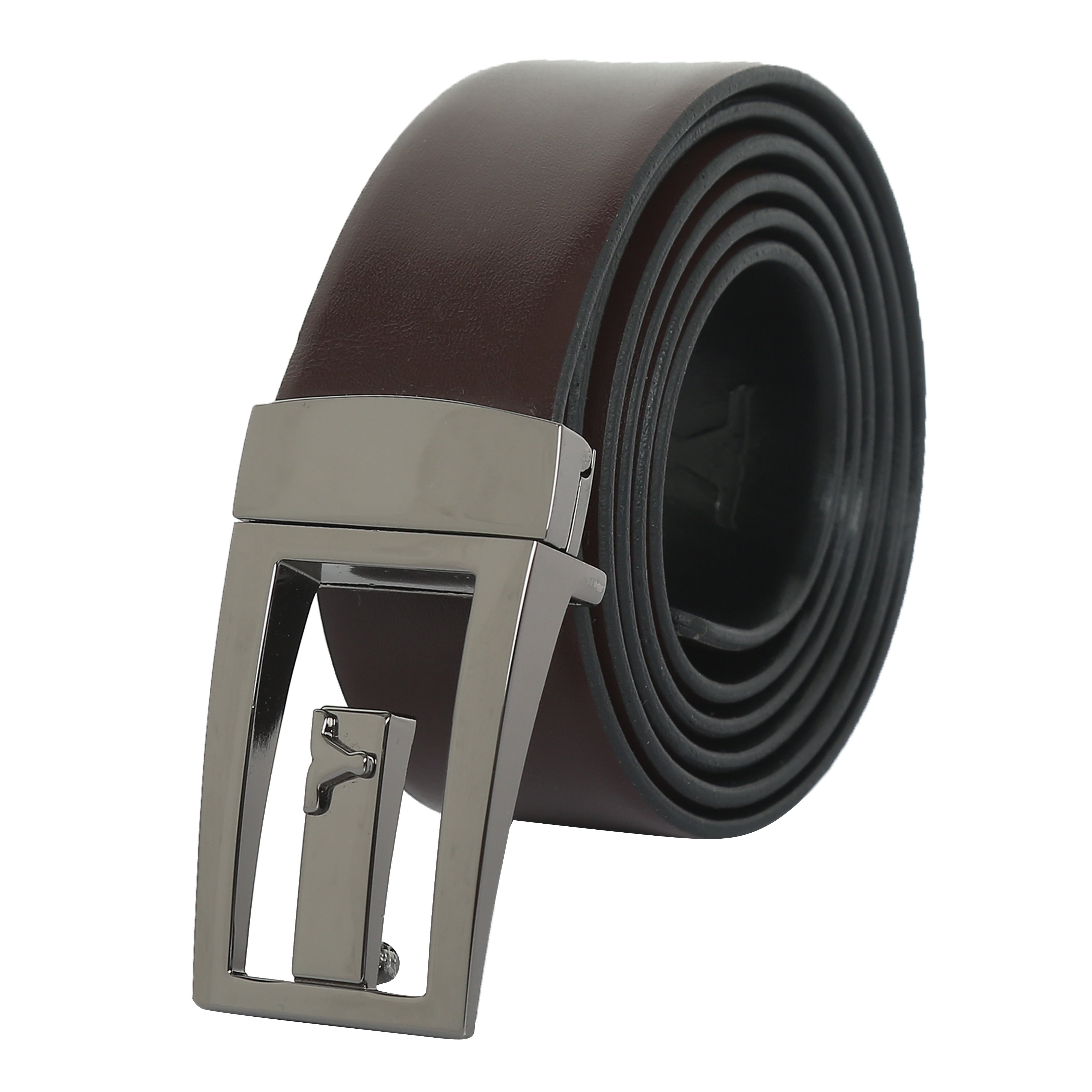 Bulchee Men's Reversible Flat Leather Belt – Tan/Black, Shiny Black Buckle, 35mm Width, Size XXL (52-55
