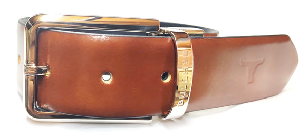 Bulchee Men’s Reversible Leather Belt –  Prong Buckle (Tan/Black, Size L)
