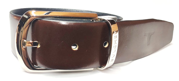 Bulchee Men’s Reversible Leather Belt – Prong Buckle (Brown/Black, Size L)