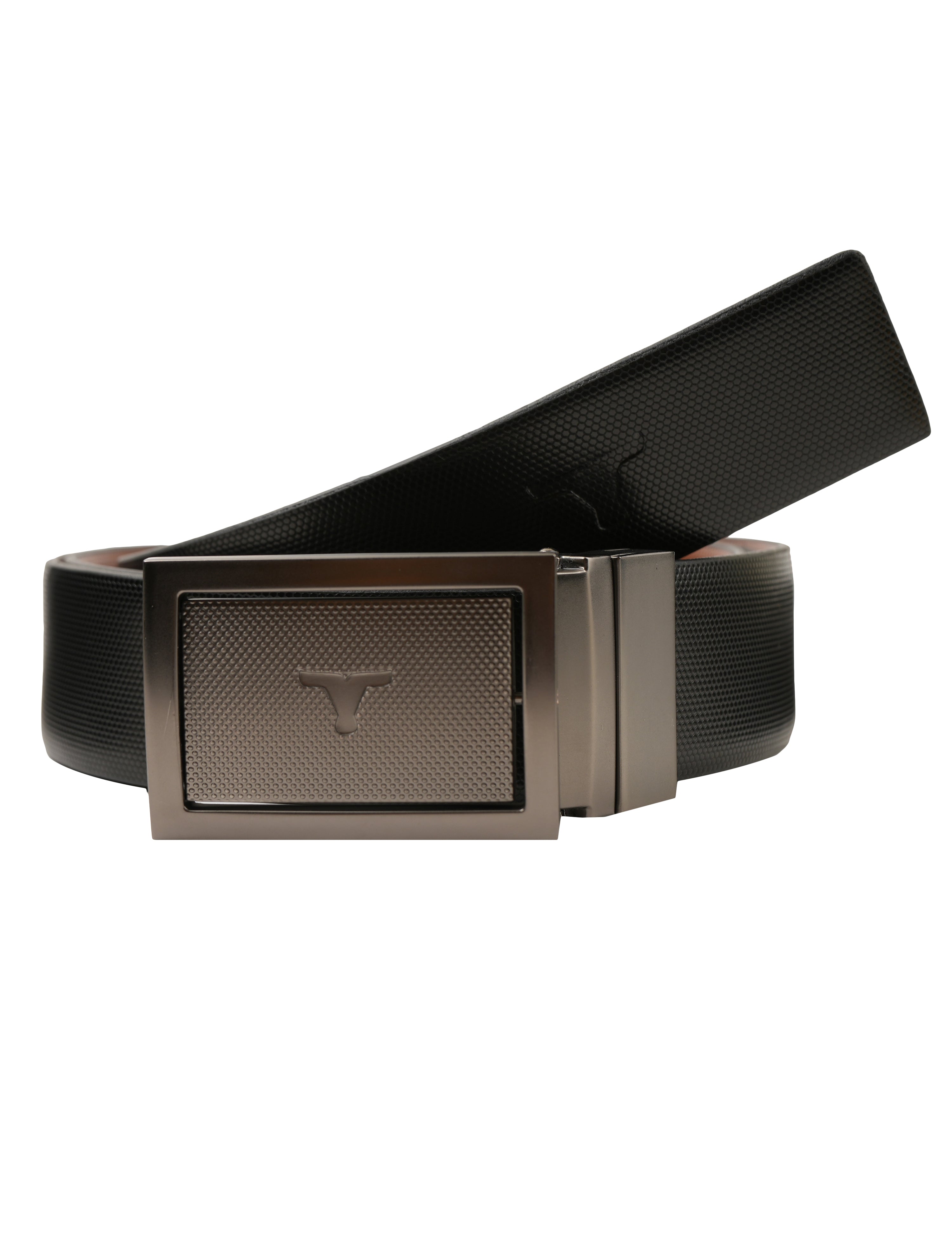 Bulchee Men's Collection Four way belt with Textured Black and Tan Leather and a Reversible Buckle (BUL2315B)