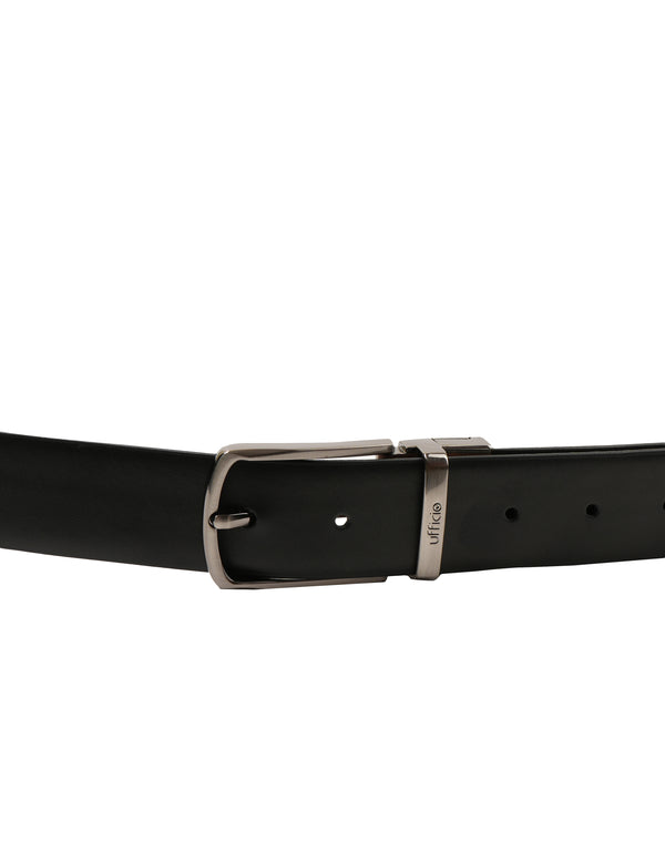 Ufficio Men's Collection | Genuine Leather Belt | Black & Tan | Brushed Black Prong Reversible Buckle | UFF2303B