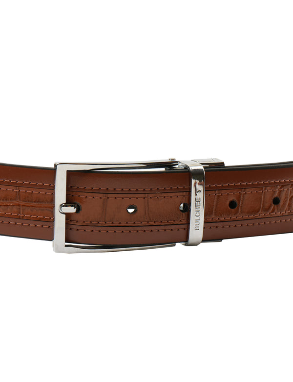 Bulchee Men's Collection | Geniune Leather | Black & Tan Constructed Prong Reversible Belt | BUL2306B
