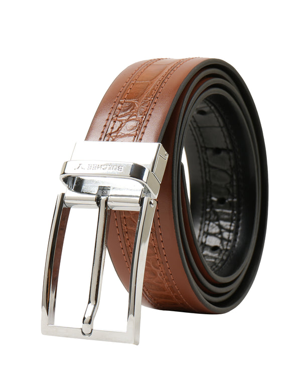 Bulchee Men's Collection | Geniune Leather | Black & Tan Constructed Prong Reversible Belt | BUL2306B
