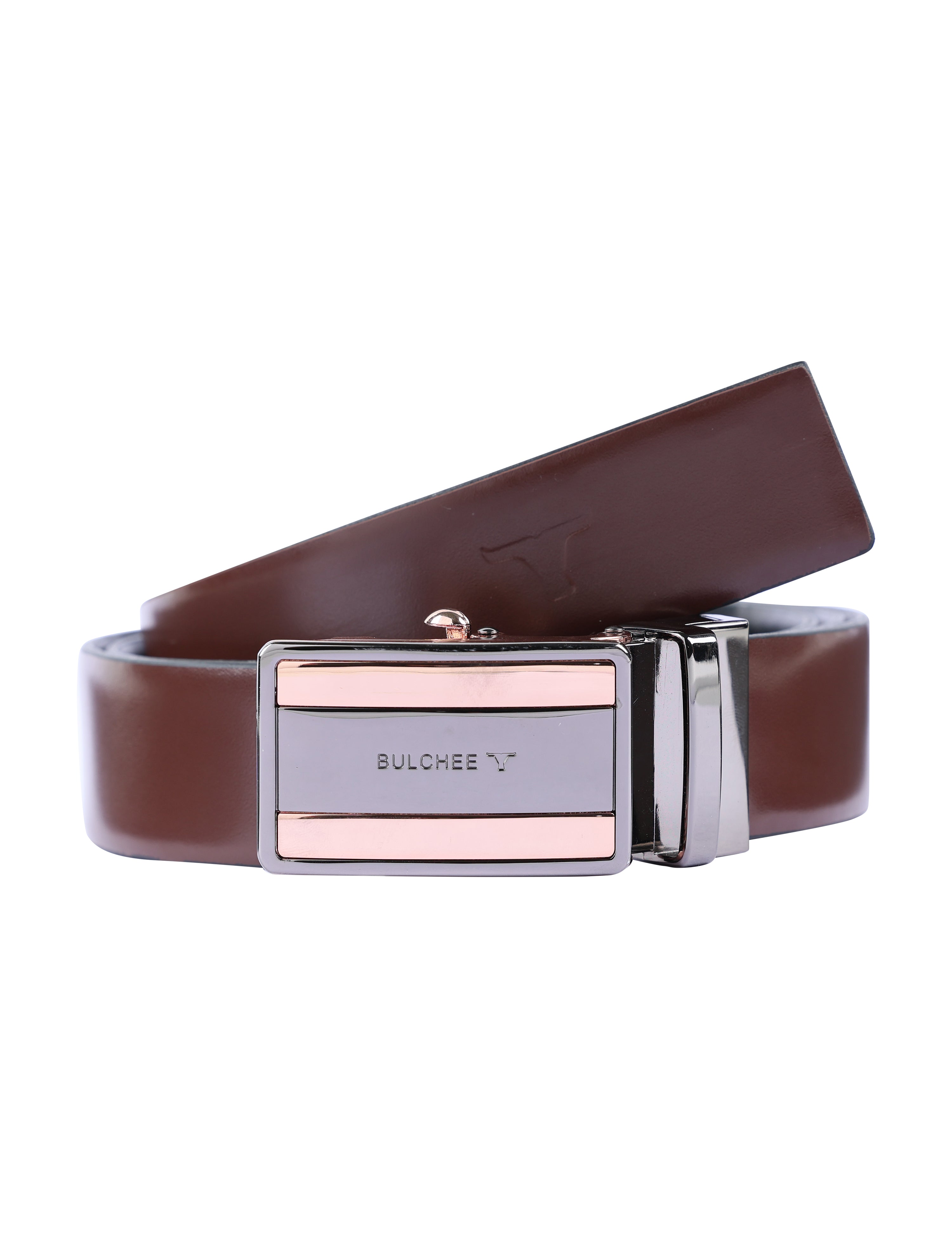 Bulchee Men's Collection | Genuine Leather | Black & Brown | Reversible Autolock Rose Gold & Black  Buckle | BUL2318B
