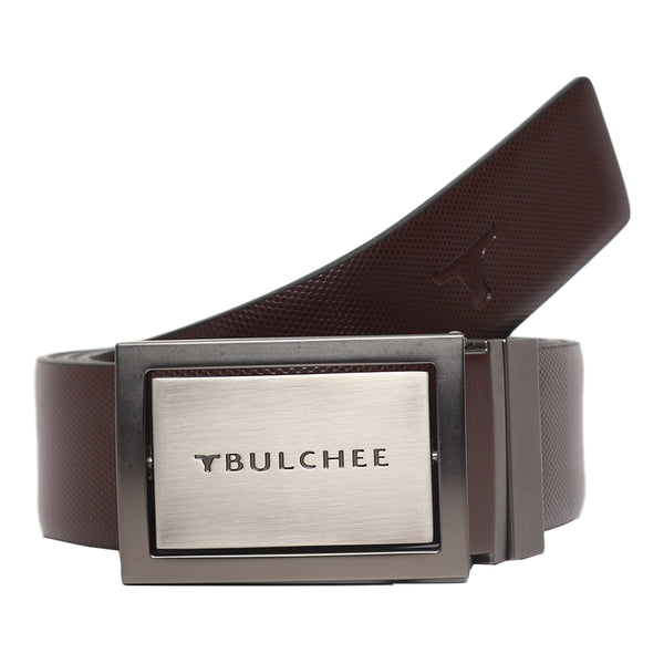 Bulchee Men's Genuine Leather Reversible Flat Buckle Belt (Formal, Brown/Black) BUL2218B